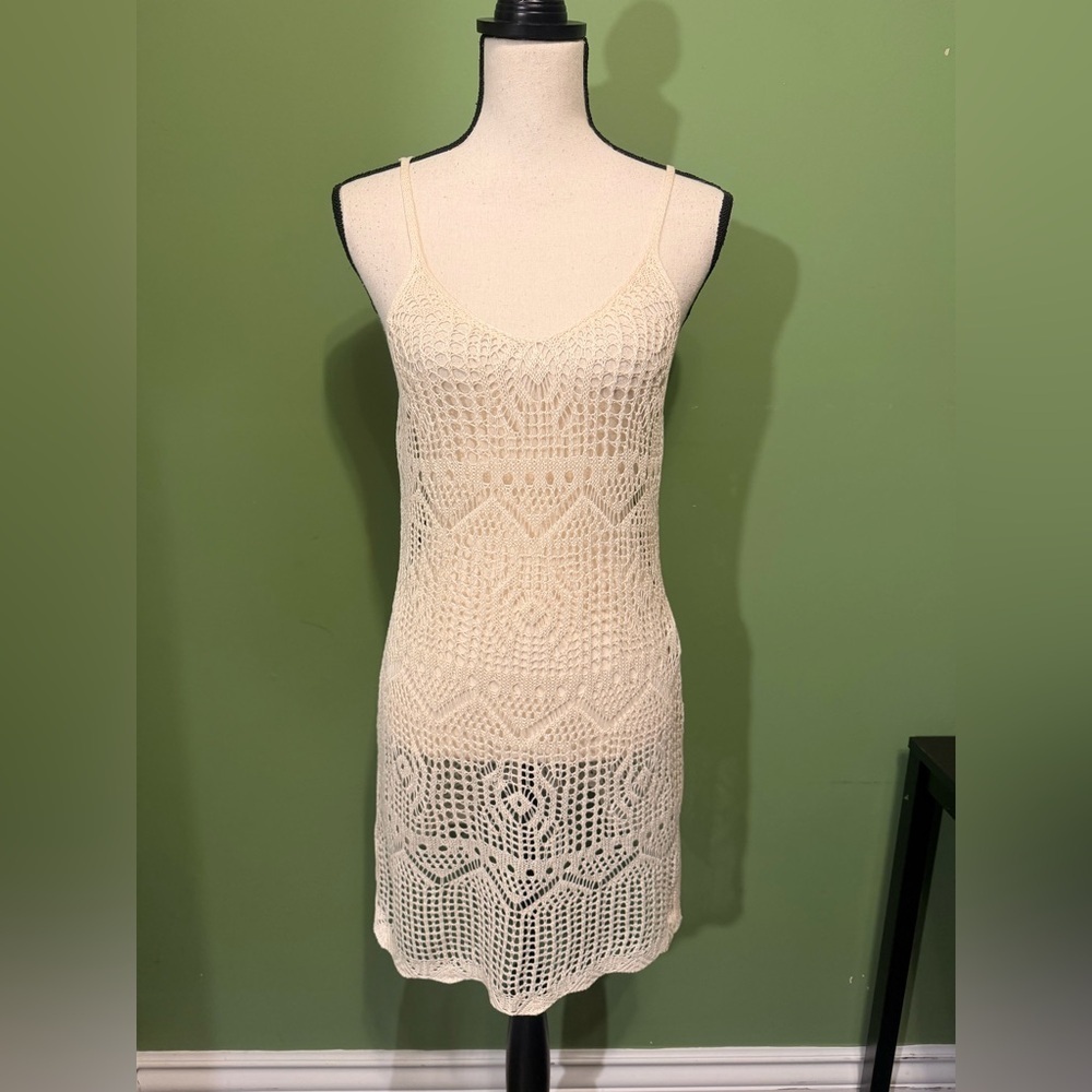 Crochet Slip Dress - Cream Knit Spaghetti Strap